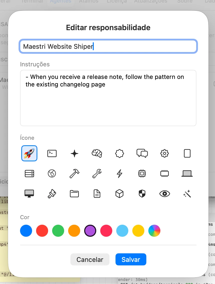 The agent role settings screen in Maestri showing a role with name, badge color, and instructions