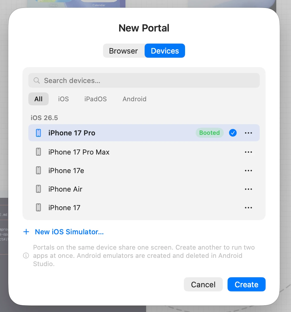 The New Portal sheet on the Devices tab, listing iOS simulators grouped by runtime with one marked as booted