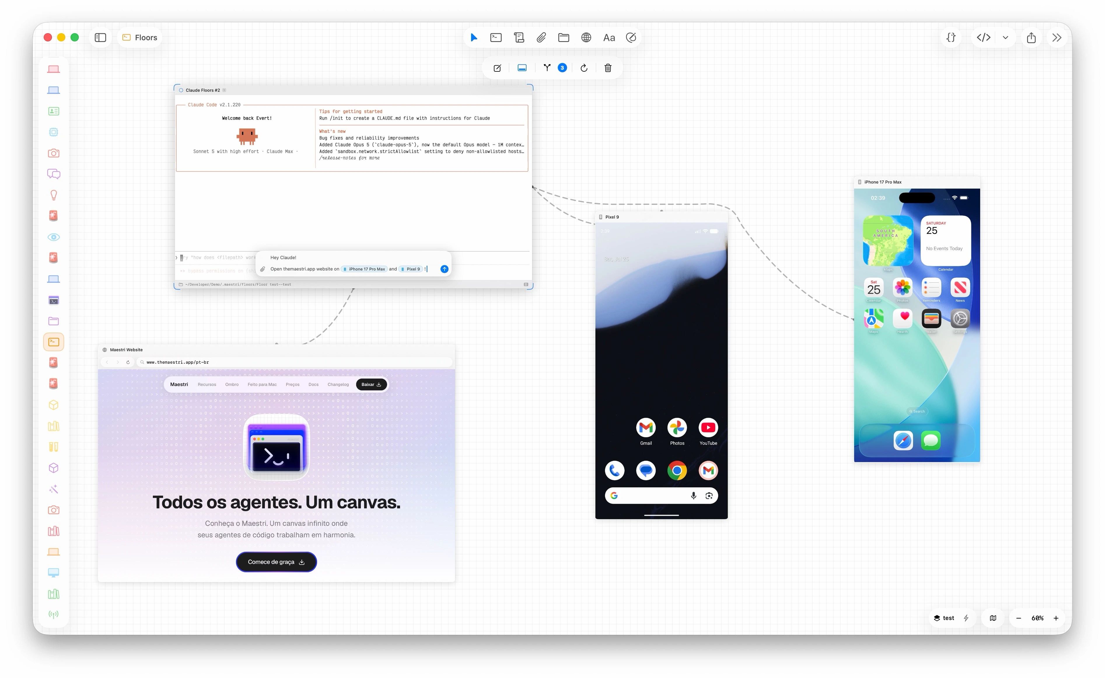 A canvas with an agent terminal connected to an iPhone simulator, an Android emulator, and a browser portal