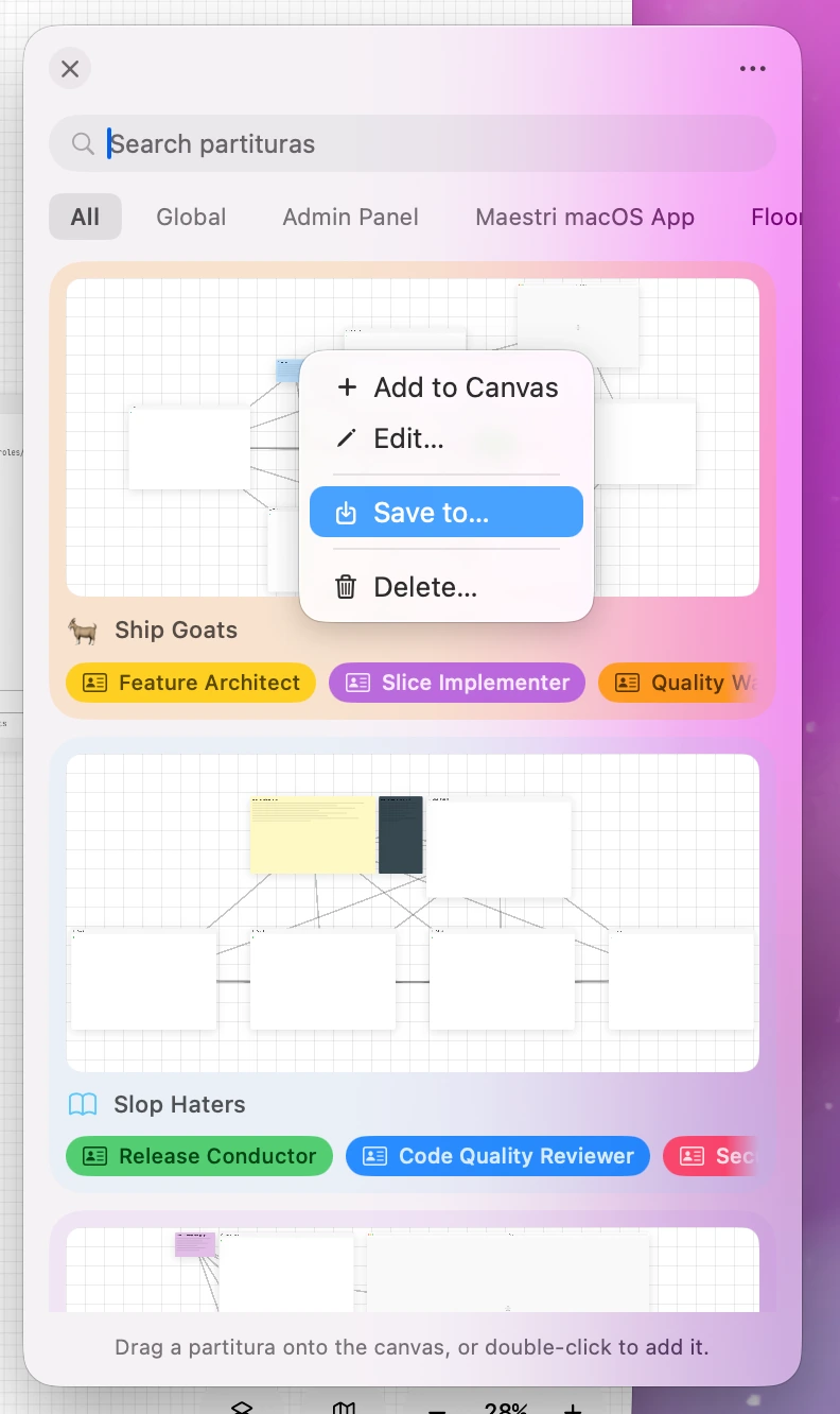 O painel de Partituras com campo de busca, filtros de escopo e cards com prévias do layout e chips de responsabilidades, com o menu de contexto de um card aberto