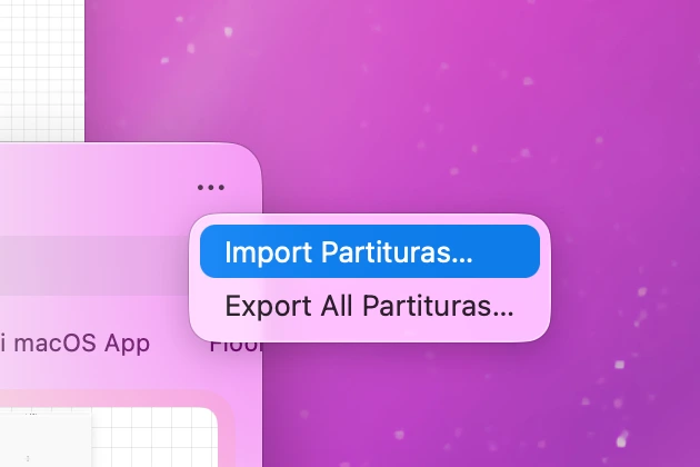 O menu ⋯ do painel aberto, mostrando Importar Partituras e Exportar todas as Partituras